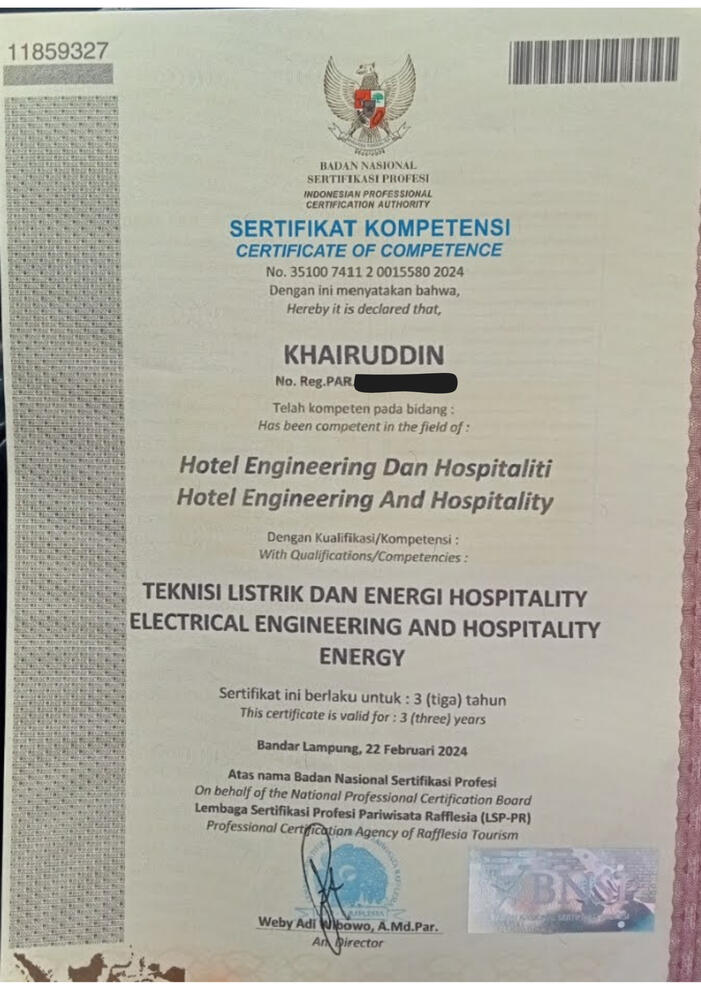 Sertifikat Hotel Engineering dan Hospitaliti